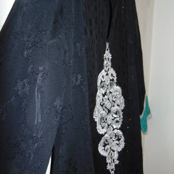 Ashraf Saleem Caftan Dress Long Black Kaftan Silver Embroidery Beads Sz S Hi Low - Picture 9 of 12